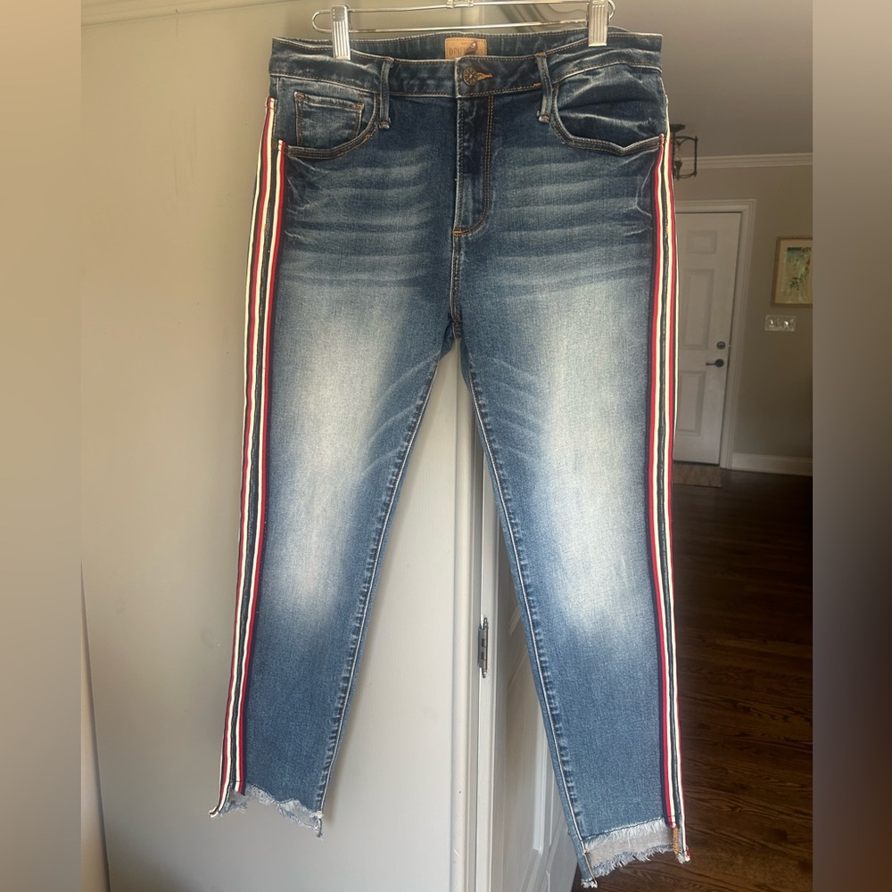 Driftwood Jackie Skinny Ankle Cut-Off Jeans red/white/blue stripe size 31